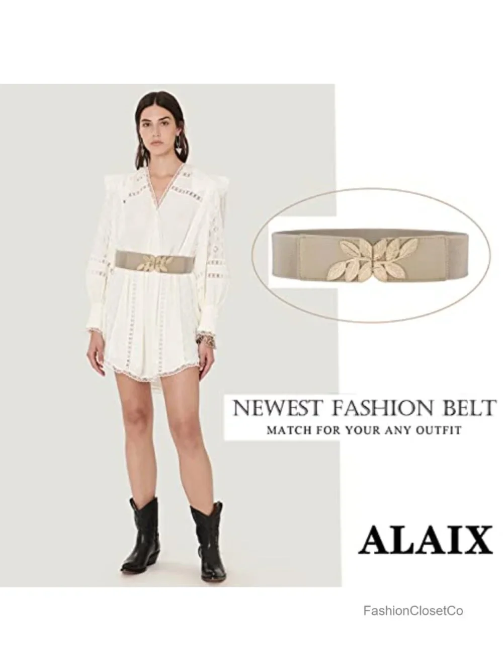Women's Stretchy Belt Wide Vintage Leaf Buckle Elastic Waistband Dress Belt